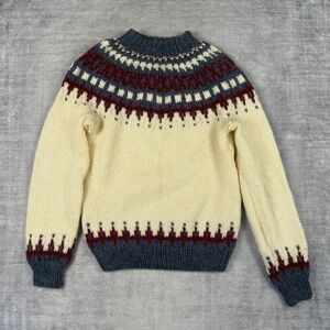Vintage Hand Knit Sweater Mens Large Beige Icelandic Fair Isle Pullover Ski Dad